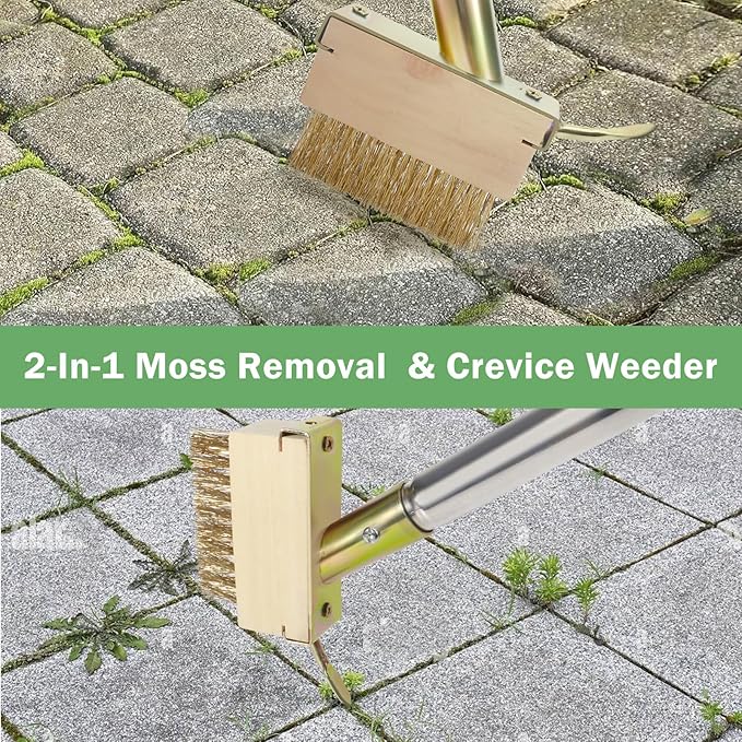 Crack Weeder, Moss Remover Tool, Manual Crevice Weeding Tool, Weed Puller Tool with 67-inch Long Handle for Deck, Paver, Patio, Walkway, Driveway - 2 Brush Heads 2026V