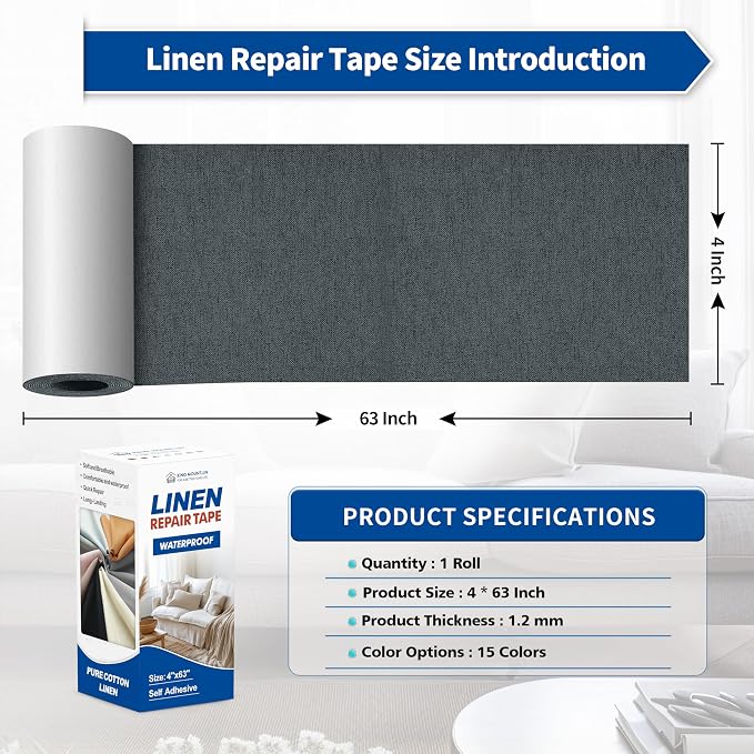 KING MOUNTAIN Linen Repair Patches, Self-Adhesive Fabric Patches, 4 X 63 inch Extra Size, Multi Color, Can be Used for Sofa Repair (Charcoal Gray)