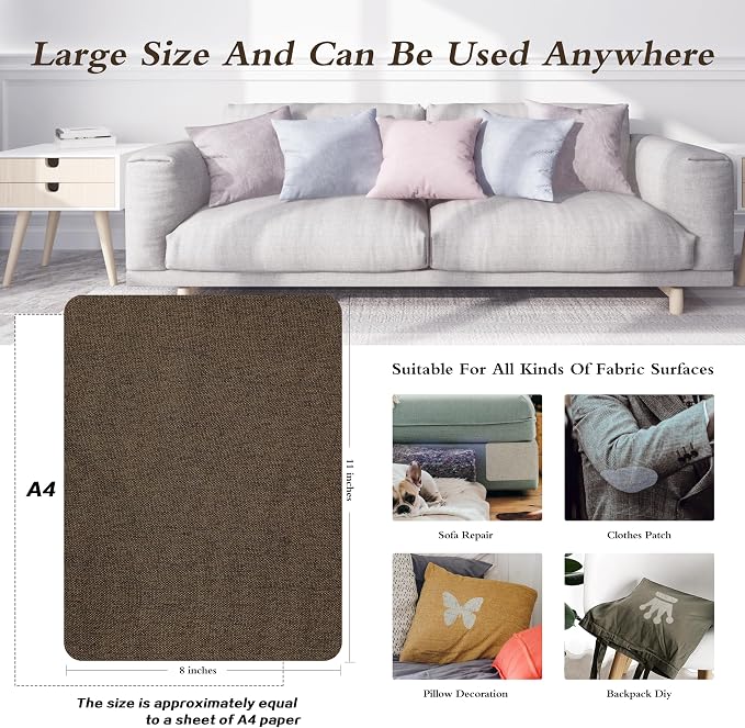 Fine Linen Repair Patches, Self-Adhesive Linen Fabric Patches, 8X11 inch Extra Size, Multi Color, Can be Used for Linen Sofa Repair (Dark Brown,8" x 11")