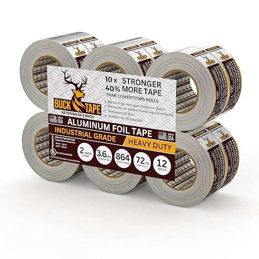 12 Pack Buck Aluminum Foil Tape – 2 Inch x 216ft (72 yd), 3.6 Mil – HVAC Tape for Ductwork, AC, Dryer Vents & Insulation – Silver Foil Tape for Metal Repair, Exhaust Sealing & Air Conditioning