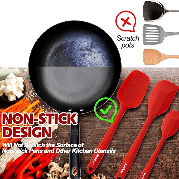 Anaeat 4 Piece Silicone Spatula Set - Seamless One-Pieces Design, Non-Stick Rubber Spatulas Kitchen Scraper for Baking, Cooking, Scraping & Mixing, Heat Resistant & BPA Free & Dishwasher Safe (Red)