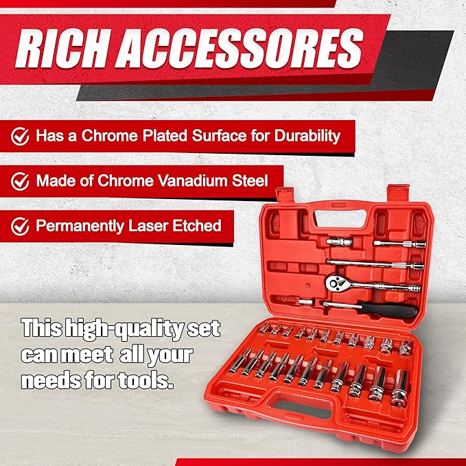 EACELIY 28pcs 1/4" Drive Impact Socket Set,Drive Master Socket Set,SAE, Deep&Shallow with Universal Joint,Extension bar,Ratchet Wrench,Hex Bit Holder,Spinner Handle,6 Point,CR-V Steel,Mirror Chrome