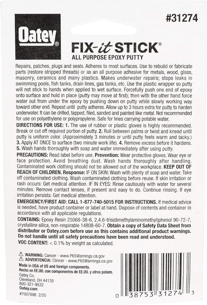 Oatey 31274 Stick Fix-It Multi-Purpose Epoxy Putty, 1.33 oz, White