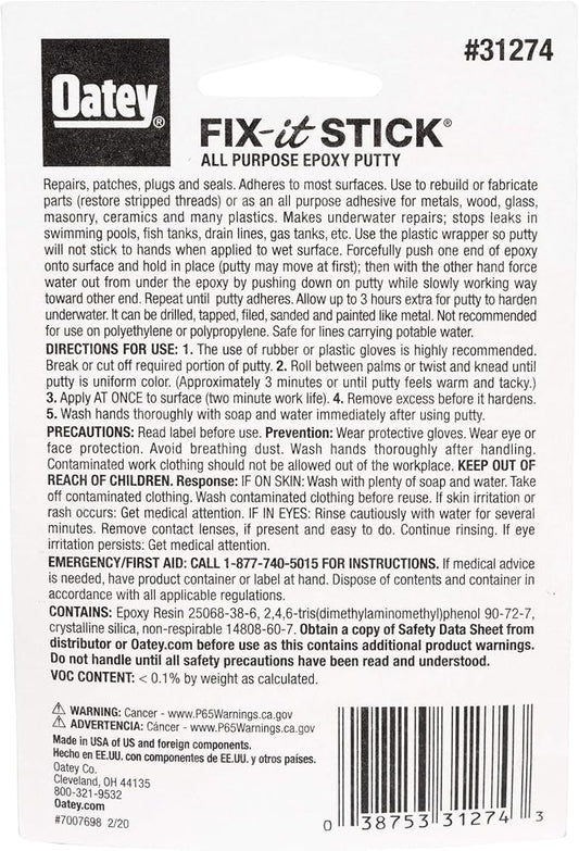Oatey 31274 Stick Fix-It Multi-Purpose Epoxy Putty, 1.33 oz, White