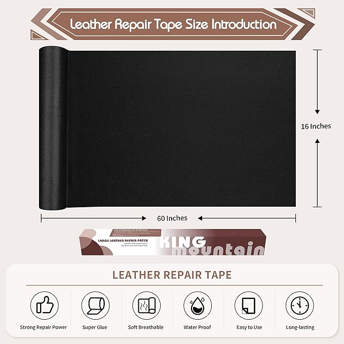 KING MOUNTAIN Leather Repair Patch, 16 x 60 Inches Self-Adhesive Repair Tape for Damaged Furniture, Seating, Car Seats, Goods (Fine Grained Black)