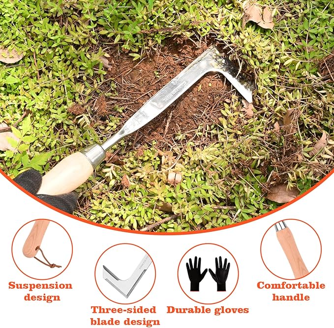 BokingOne 3-Sided Crevice Weeder - 12.6" Stainless Steel Garden Weeding Tool with Beech Handle, L-Shaped Crevice Weeder Sickle for Garden Lawn, Yard Patio Terrace, Paving Gaps