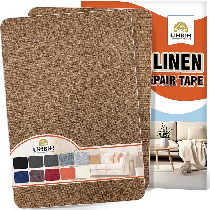 Linen Fabric Repair Tape 2 Pcs 8x12 Inch, Self Adhesive Couch Patch Repair Fabric Tape for Furniture, Linen Patch Kit for Couch, Carpet, Upholstery, Chair, Sofa, Cushion, Bag (Brown)