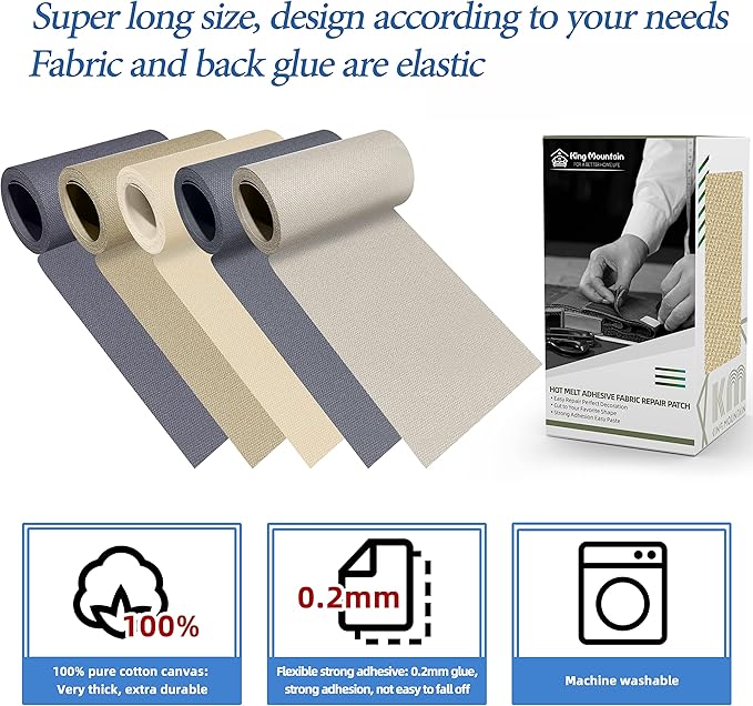 KING MOUNTAIN Canvas Iron on Patch,3"×60",Waterproof 100% Cotton Fabric Repair Patch,Used for Various Sofa,Tent,Clothes,Seats,Suitcases (Khaki 1.0)