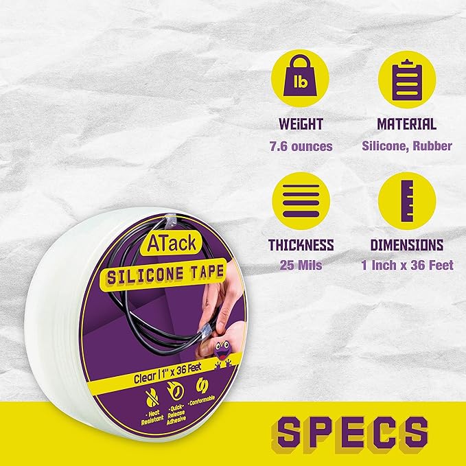 ATack Silicone Self Fusing Tape 1-Inch x 36-Foot (Clear) Waterproof and Weatherproof Self-Fusing Silicone Rubber Sealing Wrap Quick Fix Repair Tape for Hose, Pipe, Plumbing Emergency Repair 25 Mil