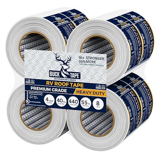 8 Pack Buck RV Roof Sealant Tape – 4 Inch x 55ft, 40 Mil – Waterproof RV Tape for Roof Repair, Seams, Skylights, Vents & Window Leaks on Camper, Trailer & Boat, UV Resistant & Weatherproof, White