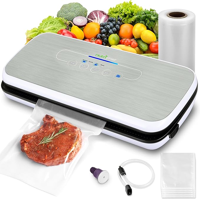 NutriChef Automatic Food Vacuum Sealer, Electric Air Sealing Preserver System for Dry and Moist Foods, LED Control, Strong Suction, Includes Bags, Wine Stopper Cork, and Air Suction Hose, 14"x6"x3"