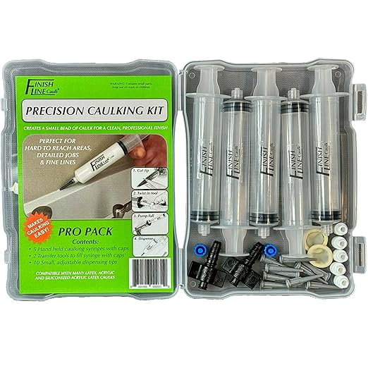 Precision Caulking Tool Kit with Storage Box & Finger Cots – Refillable Caulking Syringe Applicator with Micro-Fine Replaceable Tips for Baseboards, Trim & Small Crack Sealing