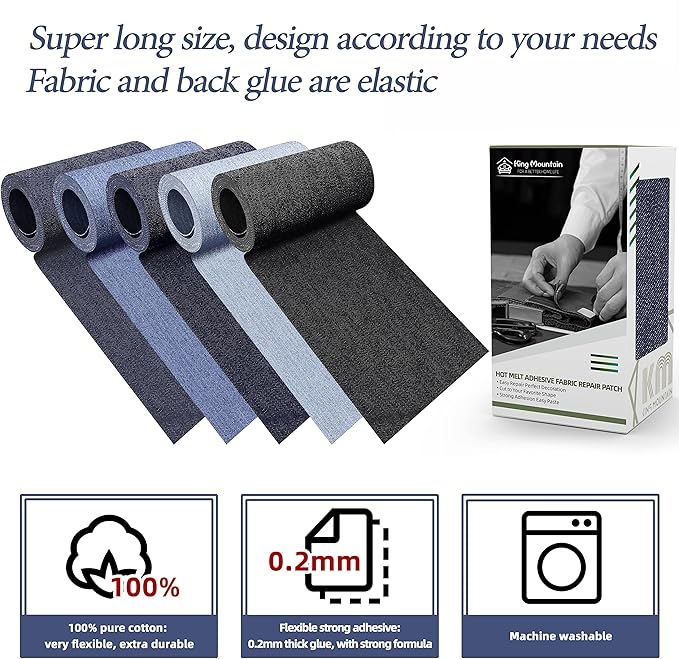 KING MOUNTAIN Iron-on Repair Patch,3"x60"100% Cotton Denim Iron-on Repair Patch, Jeans and Clothing Repair and Decoration Kit (Blue)