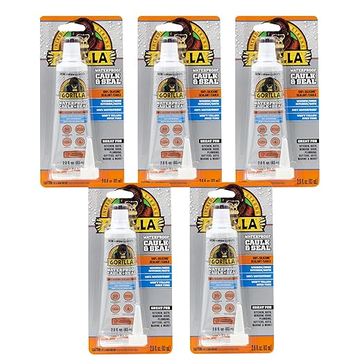 Gorilla Waterproof Caulk & Seal Silicone Sealant, 2.8oz Squeeze Tube (Pack of 5) - Clear Caulking Sealant for Kitchen, Window, Bath, Marine, Door and More