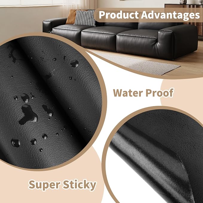 Leather Repair Patch,Self-Adhesive Leather,17X79inch,Self-Adhesive Waterproof,Scratch Resistant,DIY Large Patch for Sofas,Furniture,cabinets,Walls,Motorcycle Seats,car Seats (Black)