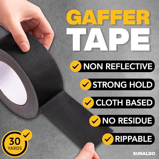 Gaffers Tape Heavy Duty, Easy to Rip, Residue-Free Professional Grade Floor Tape for Electrical Cords, Matte Finish Non Reflective, Weather Resistant (6, Black, 2" x 30 Yards)
