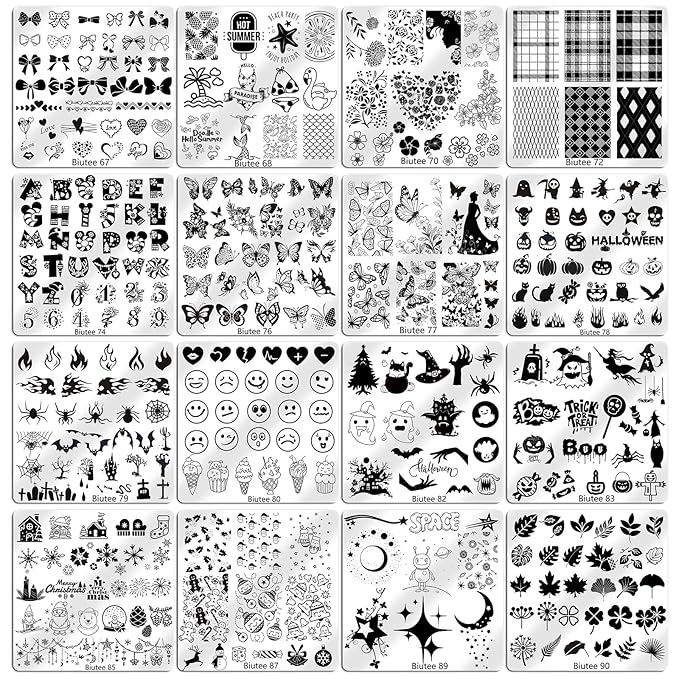 Biutee 16PCS Nail Stamping Plates Nail Stamper Kit with Nail Stamper, Scraper & Storage Bag, Nail Stamping Kit Nail Art Stamping Plates with Butterfly Flower Leaf Bowknot Design for DIY Nail Art