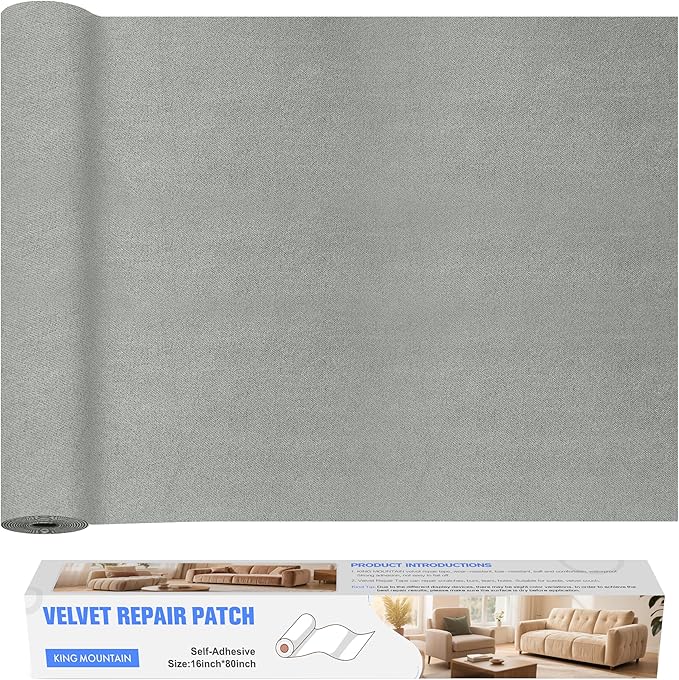 KING MOUNTAIN Couch Fabric Repair Patch, Fabric Patches for Furniture, 16" x 80" Waterproof Velvet Repair Tape for Sofas, Car Seats, Furniture, Upholstery Fabrics and Velvet Goods. （Grey2.0）
