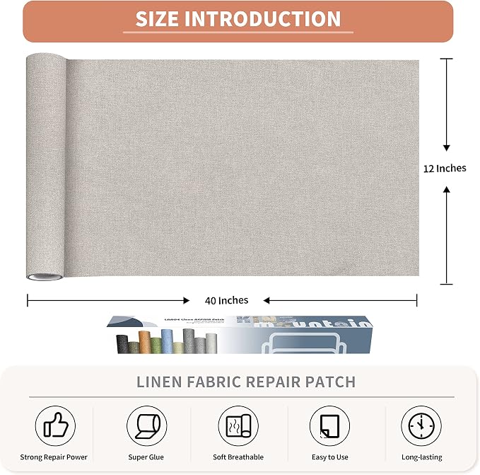 KING MOUNTAIN Fine Linen Repair Patches, Self-Adhesive Linen Fabric Patches, 12X40 inch Extra Size, Multi Color, Can be Used for Linen Sofa Repair and Linen Clothes Repair(Rice Coffee)