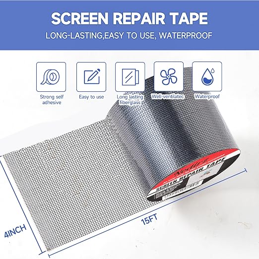 Window Screen Repair Tape, Screen Rrepair Kit for Windows or Doors Screen Repair, Strong Adhesive Screen Patch Repair Kit Mesh Repair (Black, 4 in X 15 FT)
