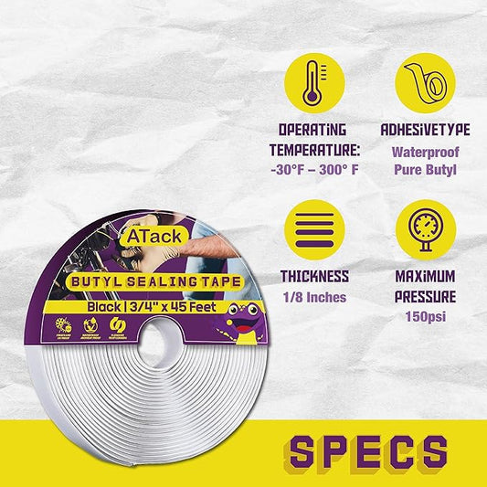 ATack Black Butyl Seal Tape 1/8-Inch x 3/4-Inch x 45-Foot Camper and RV Butyl Putty Tape for RV Repair, Boat Sealing, Windshield, Window, Sunroof, Headlight Sealing, Glass, EDPM Rubber Roof Patching