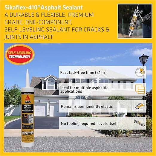 SIKA Sikaflex-410 Asphalt Sealant, Black, Self-Leveling Hybrid Sealant for Filling Cracks in Asphalt Driveways, Roadways, and Pavements - 9 fl. oz. Cartridge, Fills Cracks up to 1.5 in. Wide