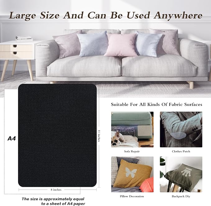 KING MOUNTAIN Coarse Linen Repair Patches, Self-Adhesive Linen Fabric Patches, 8X11 inch 2 PCS, Multi Color, Can be Used for Linen Sofa Repair(8" x 11"-2PCS,Black 1.0)