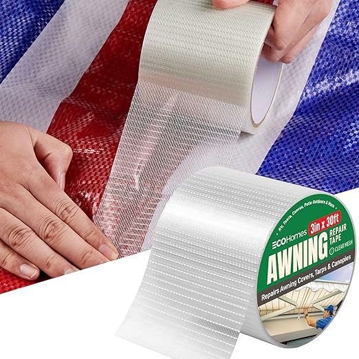 Awning Covers & Tarp Repair Tape - Waterproof Self Adhesive Patch Repair Kit | Patch Tapes for Awnings, Outdoor Canopies, Patio Window Awnings, Gazebos, Tents, RV, Canvas, Boat Covers (Clear Mesh, 3")