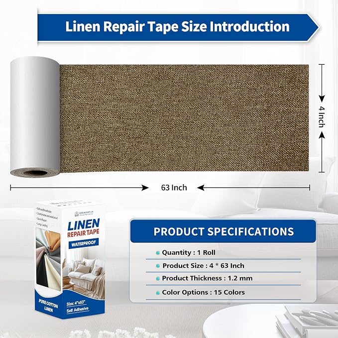KING MOUNTAIN Linen Repair Patches, Self-Adhesive Fabric Patches, 4 X 63 inch Extra Size, Multi Color, Can be Used for Sofa Repair (Dark Brown2.0)