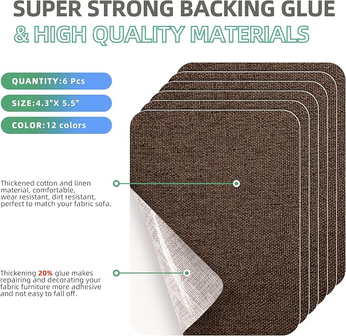 Azobur Coarse Linen Repair Patches, 6 Piece Self-Adhesive Linen Fabric Patches, Multi Color, Can be Used for Linen Sofa Repair and Linen Clothes Repair, Quick Fix Sofa.(Dark Brown)