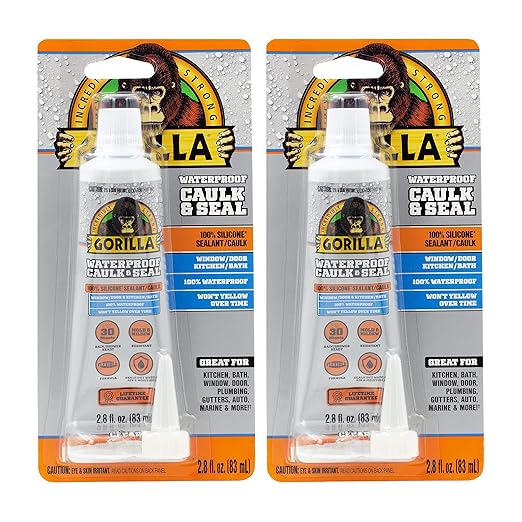 Gorilla 100% Silicone Caulk, Waterproof Sealant, 2.8oz Squeeze Tube (Pack of 2) – Clear -10 Year Mold Resistant Kitchen, Window, Bath, Marine, Door and More
