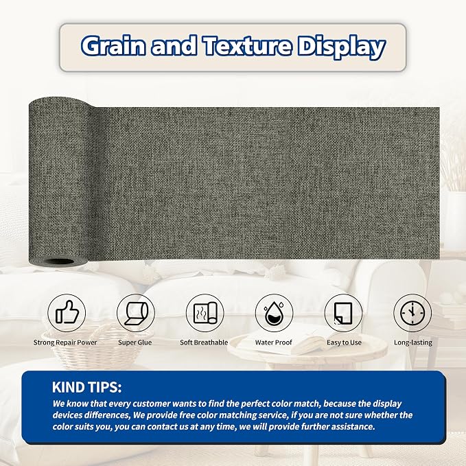 KING MOUNTAIN Linen Repair Patches, Self-Adhesive Fabric Patches, 4 X 63 inch Extra Size, Multi Color, Can be Used for Sofa Repair (Dark Grey 1.0)