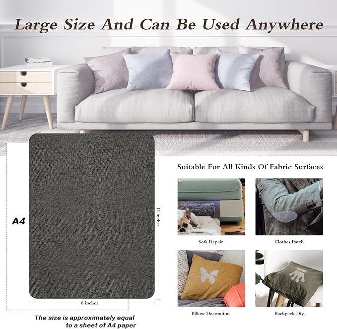 Fine Linen Repair Patches, Self-Adhesive Fabric Patches, 8X11 inch 2 PCS, Multi Color, Can be Used for Sofa，Chair,Curtain Repair(Dark Grey,8" x 11"-2PCS)