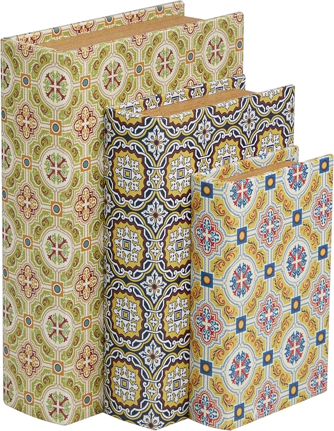 Deco 79 Canvas Decorative Box Storage Book Book Shaped Boxes with Arabesque Pattern and Gold Page Inspired Detail, Set of 3 Decorative Keepsake Boxes 12", 10", 8"H, Multi Colored