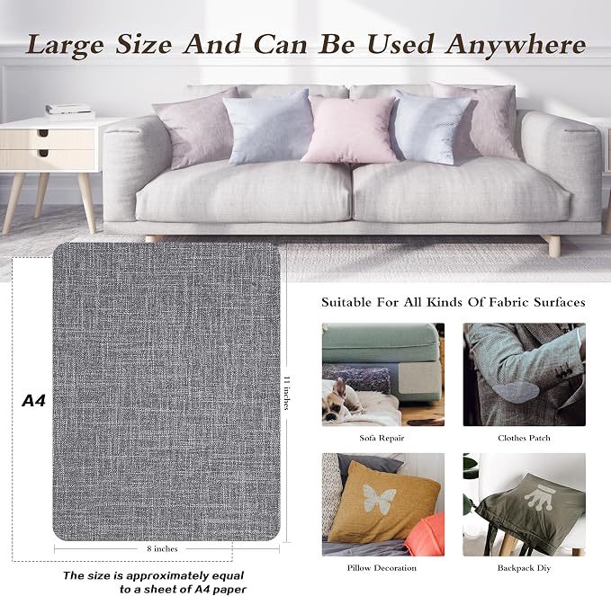 Fine Linen Repair Patches, Self-Adhesive Linen Fabric Patches, 8X11 inch Extra Size, Multi Color, Can be Used for Linen Sofa Repair (8" x 11",Dark Grey 3.0)