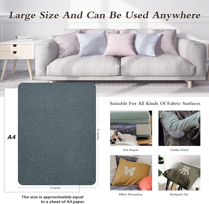 KING MOUNTAIN Coarse Linen Repair Patches, Self-Adhesive Linen Fabric Patches, 8X11 inch, Multi Color, Can be Used for Linen Sofa Repair (8" x 11",Blue Dark Grey)