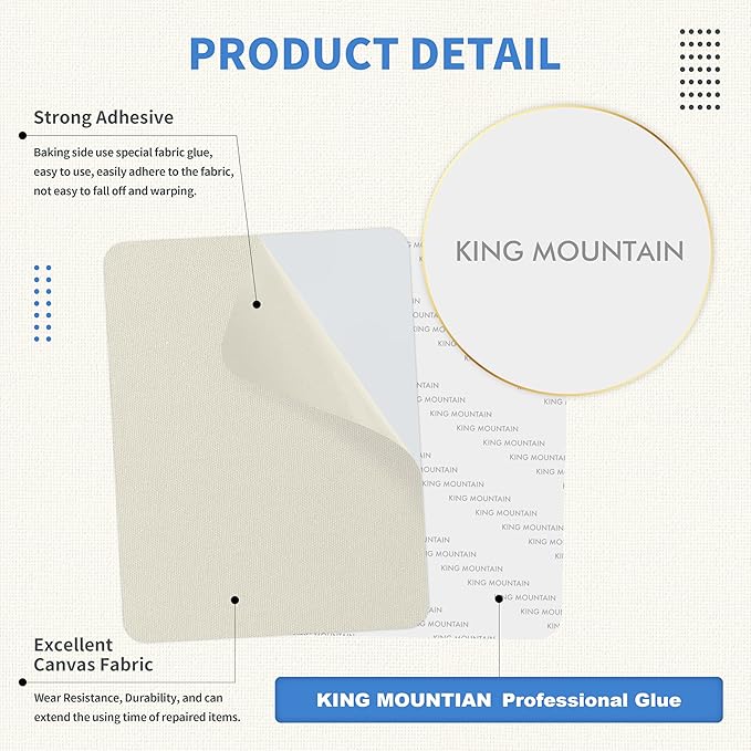 KING MOUNTAIN Canvas Repair Patch 9 x11 Inch 2 Pcs Self-Adhesive Waterproof Fabric Patch for Sofas, Tents, Furniture,Tote Bags, Car Seats (Rice Coffee)