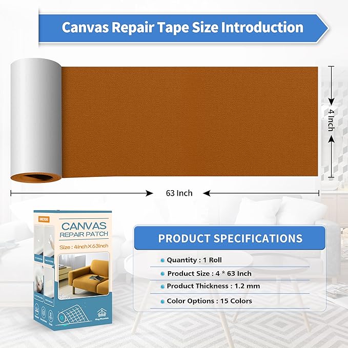 KING MOUNTAIN Canvas Repair Tape,Outdoor Gear Patch, 4×63 Inches,Waterproof,Self-Adhesive for Repairing Boat Covers,Sun Shades,Sofas,Tents,Lounge Chairs,Awnings (Yellow Brown)