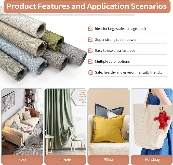 Fine Linen Fabric Patches, Self-Adhesive, Extra Large 12x40 Inch, Multi Color, for Sofa & Furniture Repair