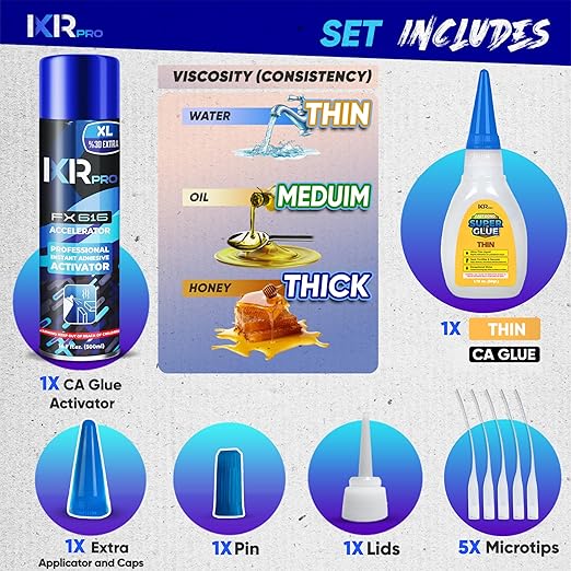 CA Glue with Activator Kit 1.75 oz Thin Viscosity Cyanoacrylate Glue 16.9 oz Activator Spray Heavy-Duty SuperGlue for Gap-Filling, Wood, Metal, Plastic, Furniture Repair, Vertical, Overhead Surface