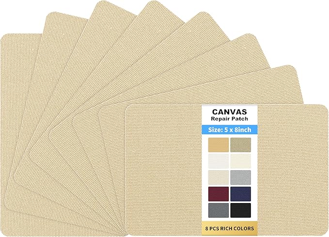 KING MOUNTAIN Canvas Repair Patch 5×8 Inch 8 Pcs Self-Adhesive Waterproof Fabric Patch for Sofas, Tents, Furniture,Tote Bags, Car Seats (Khaki)