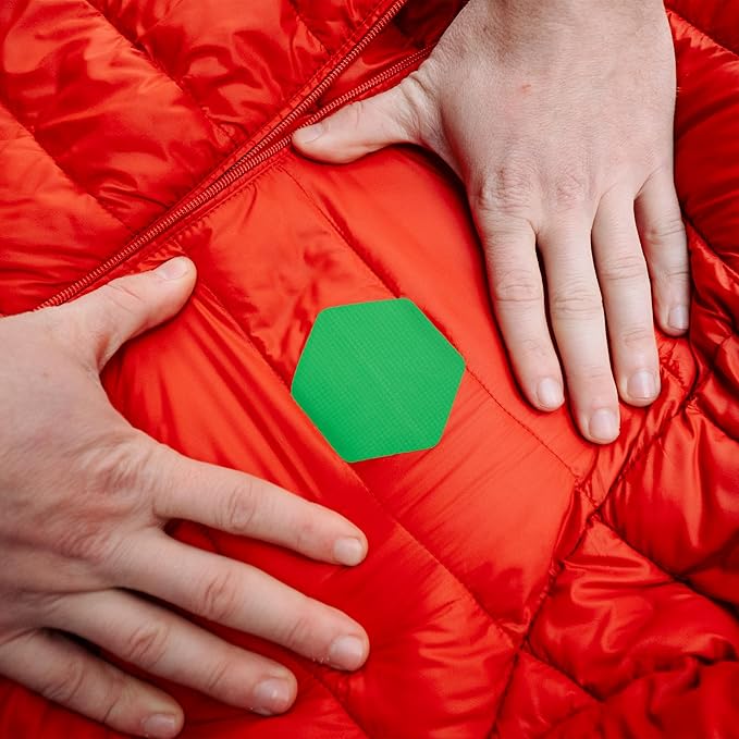 GEAR AID Tenacious Tape Hex – 2.5” & 1.5” Repair Patches (8 Patches: Four 2.5” & Four 1.5”, Green) – Peel-and-Stick Outdoor Nylon Fabric to Fix Holes and Burns in Down Jackets, Rain Gear and Tents
