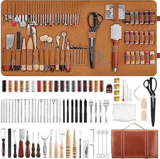 SakerNeo Leather Working Tools - 101pcs Stainless Steel & Wood Handle Sewing kit with 4mm Stitching chisels (1/2/4/6), 18 Waxed Thread, Hole Punch & Stamping Tools for DIY Wallet Belt Bag Repair