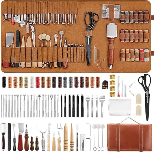 SakerNeo Leather Working Tools - 101pcs Stainless Steel & Wood Handle Sewing kit with 4mm Stitching chisels (1/2/4/6), 18 Waxed Thread, Hole Punch & Stamping Tools for DIY Wallet Belt Bag Repair