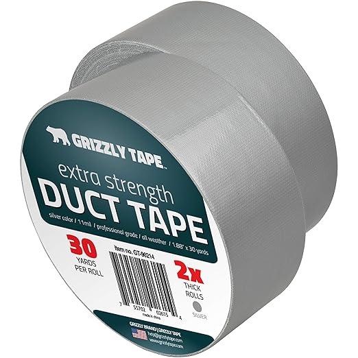 Grizzly Power Silver Duct Tape Heavy Duty (2 Pack) | Versatile Packing Tape 1.88 Inch x 30 Yards | Waterproof Tape Roll for Home Improvement, Office Use, Wrapping, Sealing, Crafting & General Repairs