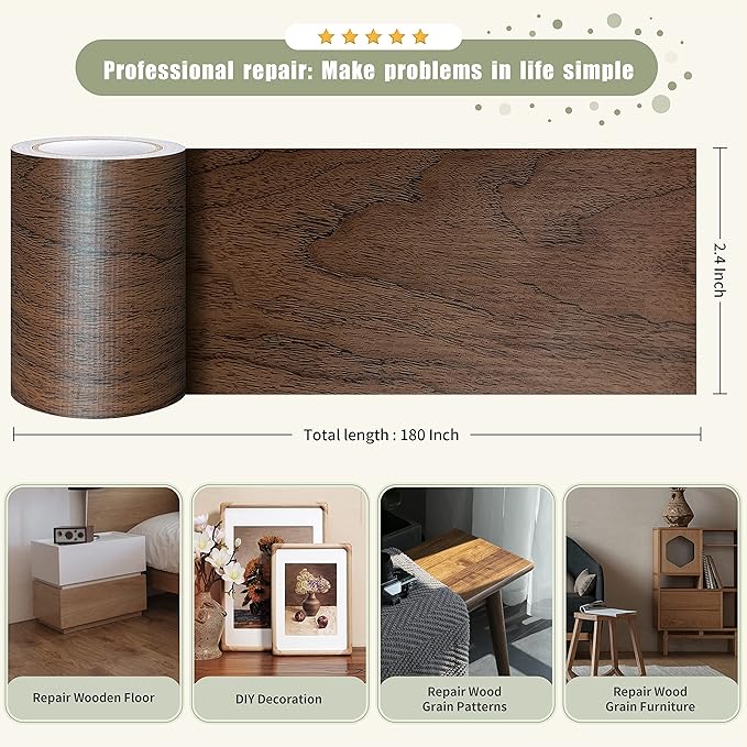 Besezx Wood Grain Repair Tape, 2.4" X180'', Self Adhesive Wood Grain Repair Patch for Tables, Chairs, Baseboards, Doors, Windows, Floors, All Kinds of Furniture Renovation, Handicraft DIY. (Dark oak)