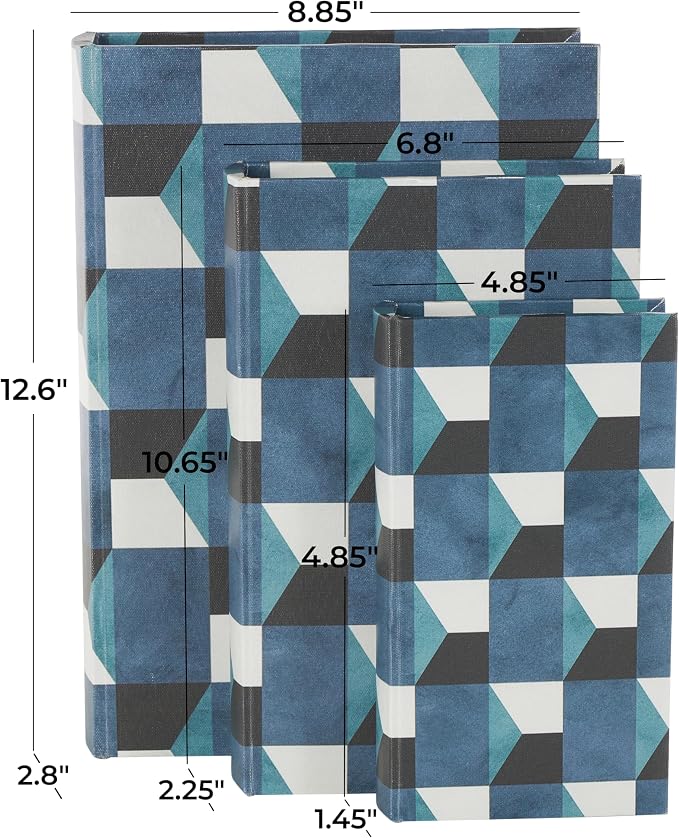 Deco 79 Faux Leather Decorative Box Faux Book Storage Book Shaped Boxes with Black and White Geometric Patterns, Set of 3 Decorative Keepsake Boxes 13", 11", 9"H, Blue