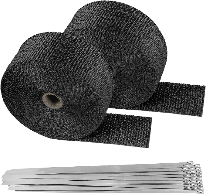 Deecam Exhaust Heat Wrap, 2 Roll 2'' x 50' Exhaust Header Wrap, Black Fireglass Heat Tape for Motorcycle Manifold Pipe Heat Shield with 24 Stainless Steel Ties