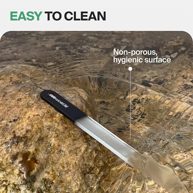 GERMANIKURE Czech Crystal Gray Glass Nail File in Suede Leather Case - Small Travel Design - Professional Manicure & Pedicure Products for Smooth Easy Shaping of Natural Nails