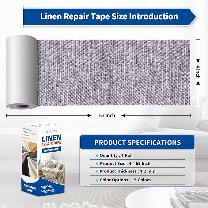 KING MOUNTAIN Linen Repair Patches, Self-Adhesive Linen Fabric Patches, 4 X 63 inch Extra Size, Multi Color, Can be Used for Linen Sofa Repair (Light Grey)